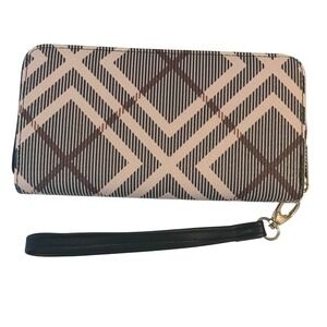 Untamed Luxe Wristlet Wallet Tan Brown Geometric Plaid Zip Around Clutch